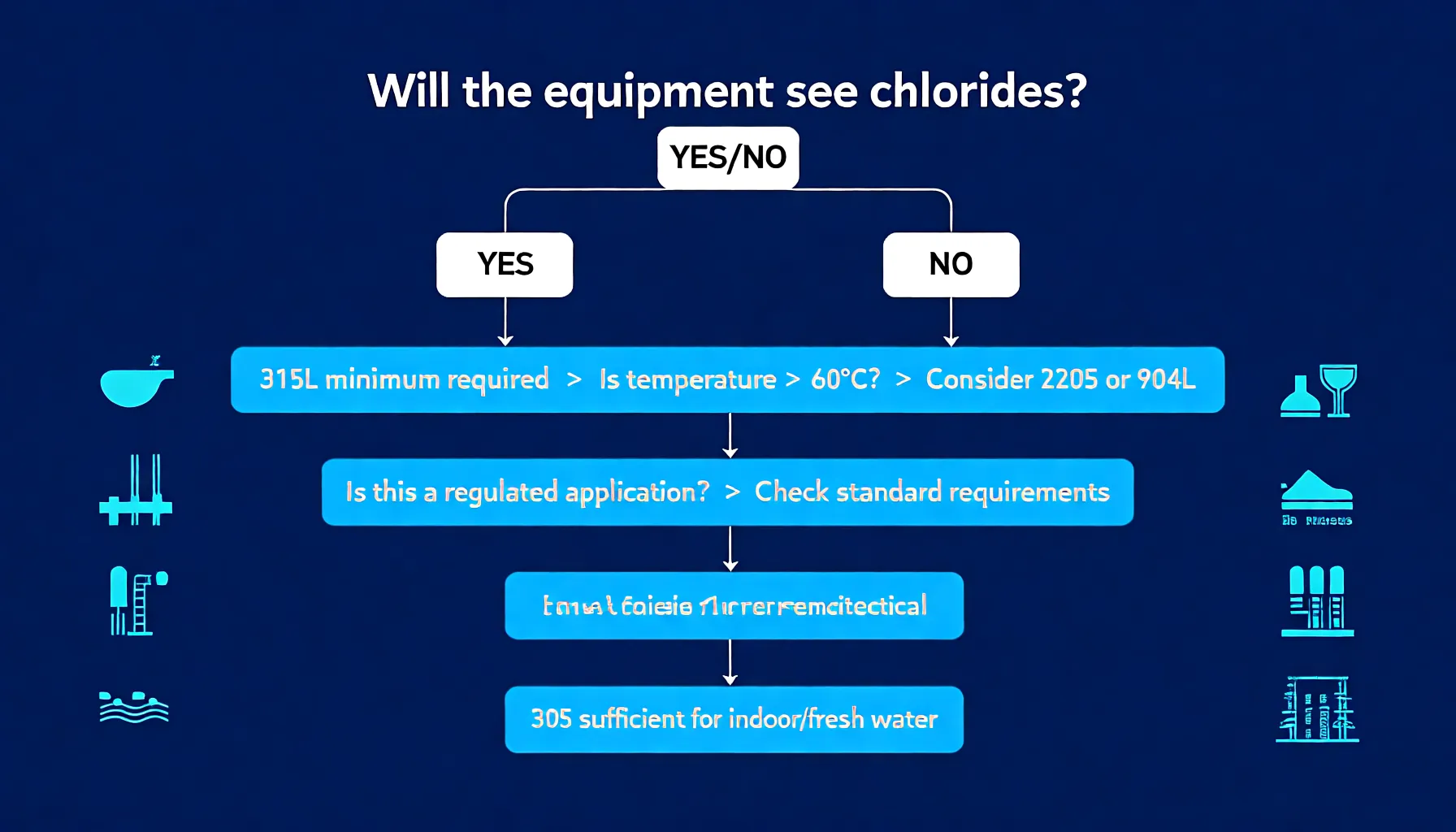 Decision flowchart for choosing between 304L and 316L stainless steel based on chloride exposure, temperature, budget, and application type