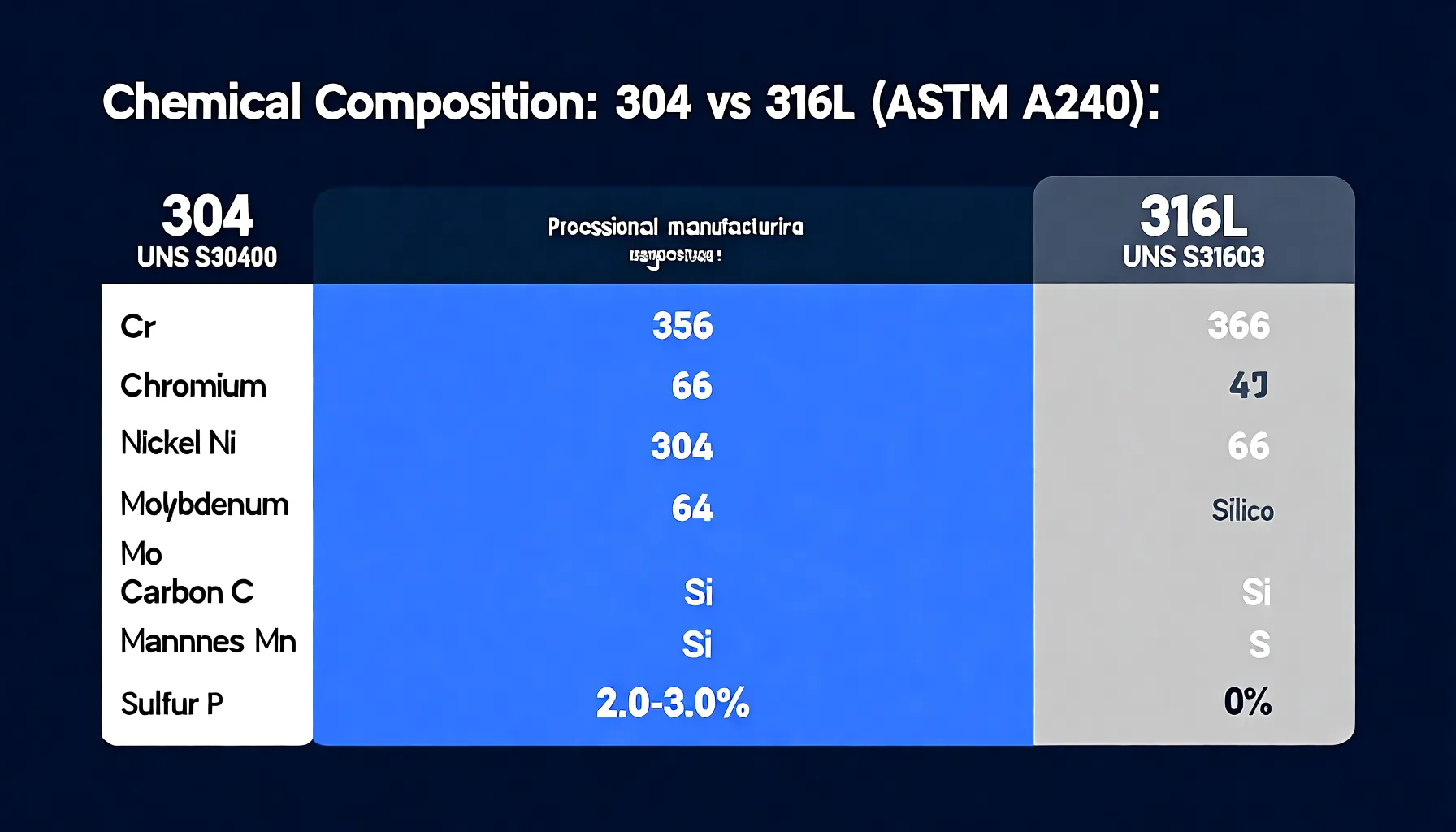 Chemical composition comparison table of 304L vs 316L stainless steel showing chromium, nickel, molybdenum, carbon (both ≤0.03%), manganese, silicon, phosphorus, and sulfur percentages per ASTM A240 standard