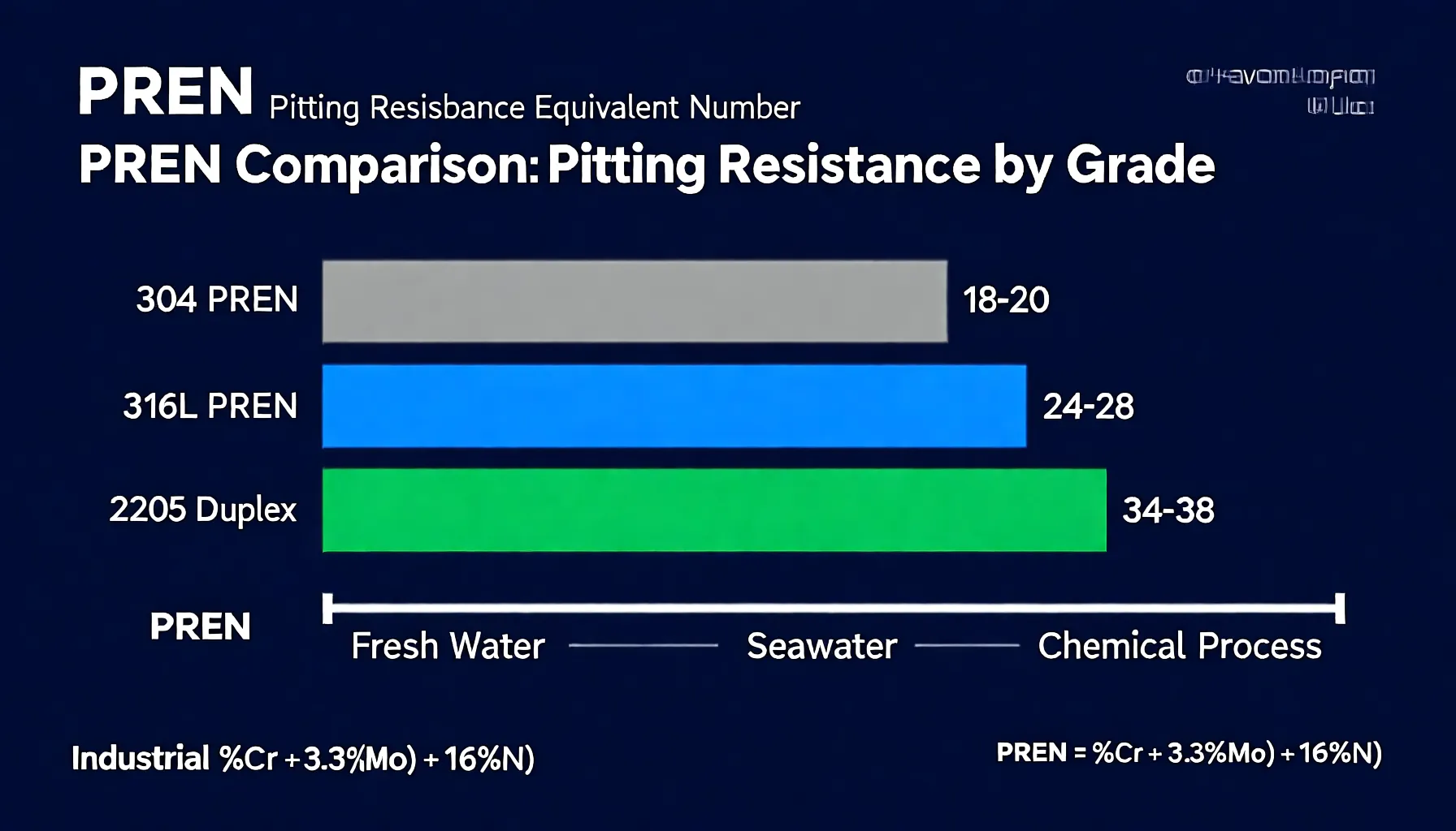 PREN values comparison chart showing 304L at 18-20 vs 316L at 24-28, with pitting corrosion resistance scaled for chloride environments from fresh water to seawater