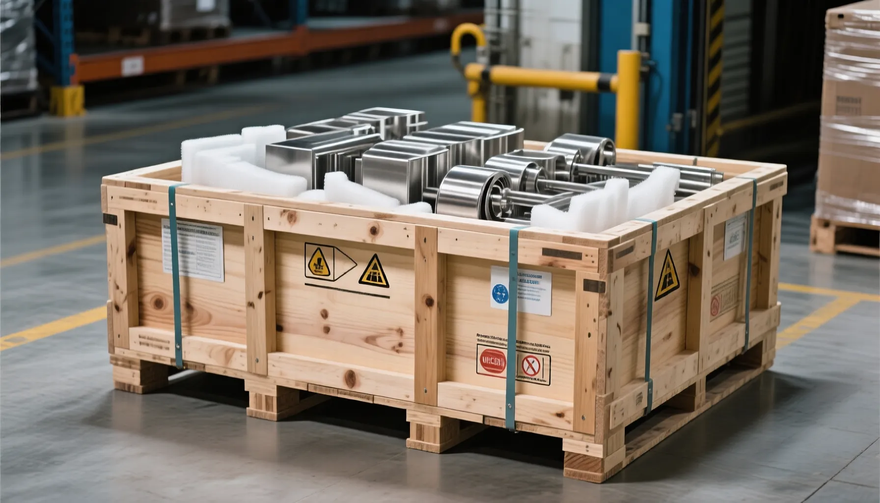Stainless steel products professionally packed in wooden crates for export shipping