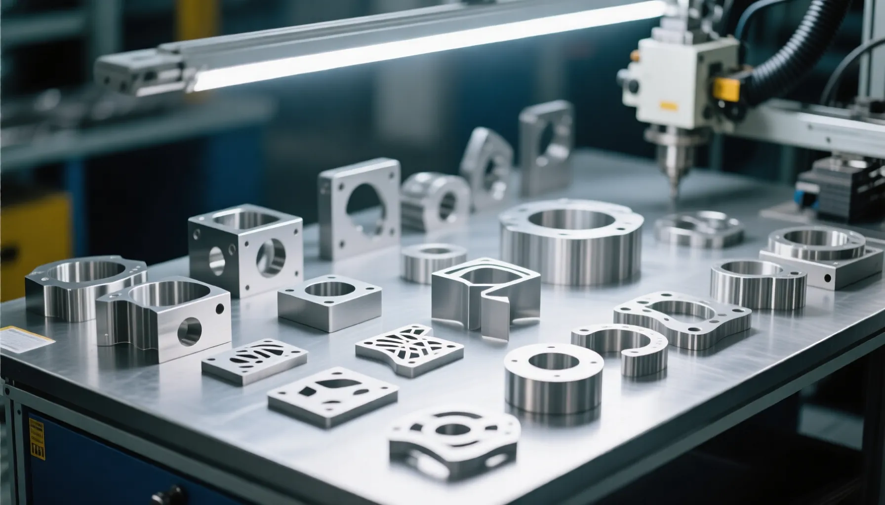 Precision laser-cut stainless steel parts on factory inspection table