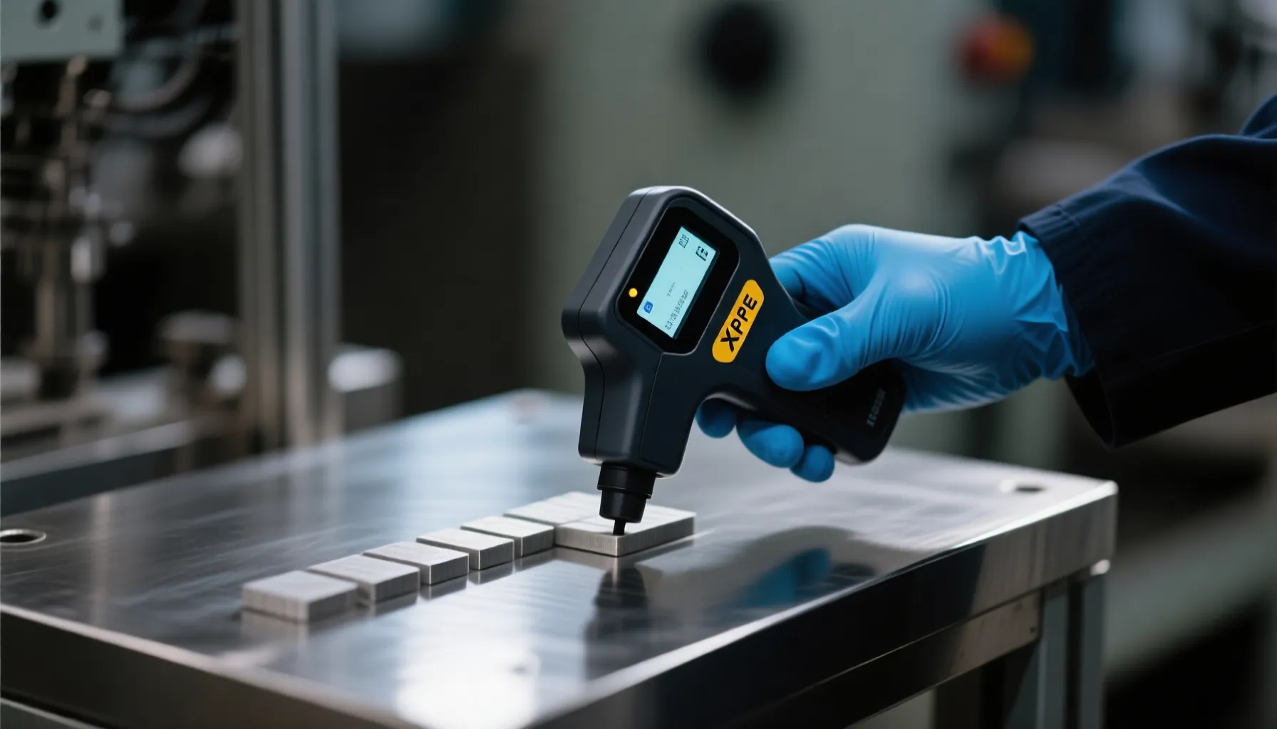 XRF analyzer testing stainless steel plate for positive material identification