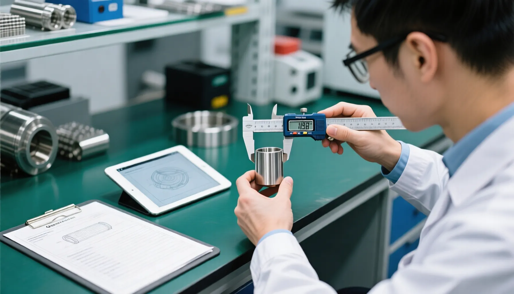 Quality inspector measuring precision stainless steel fabricated parts