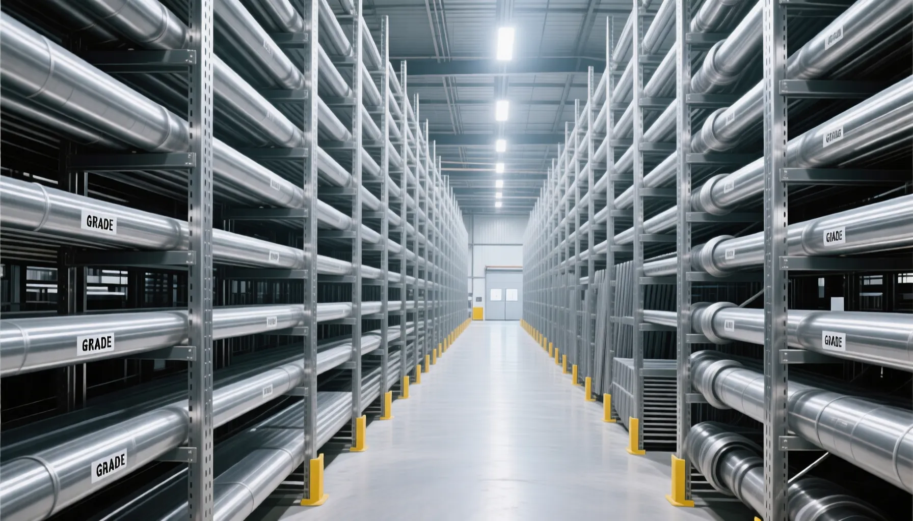 Large stainless steel material inventory warehouse with organized grade-labeled stock