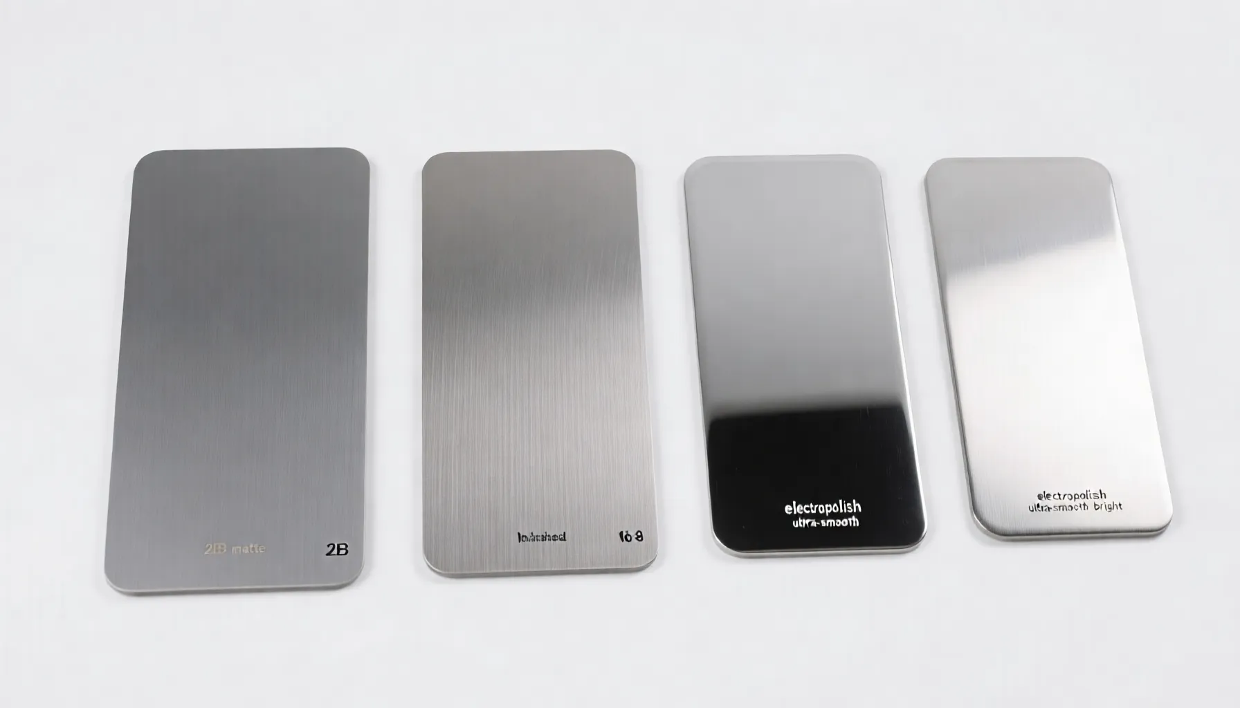 Stainless steel surface finish samples from mill to mirror polish comparison