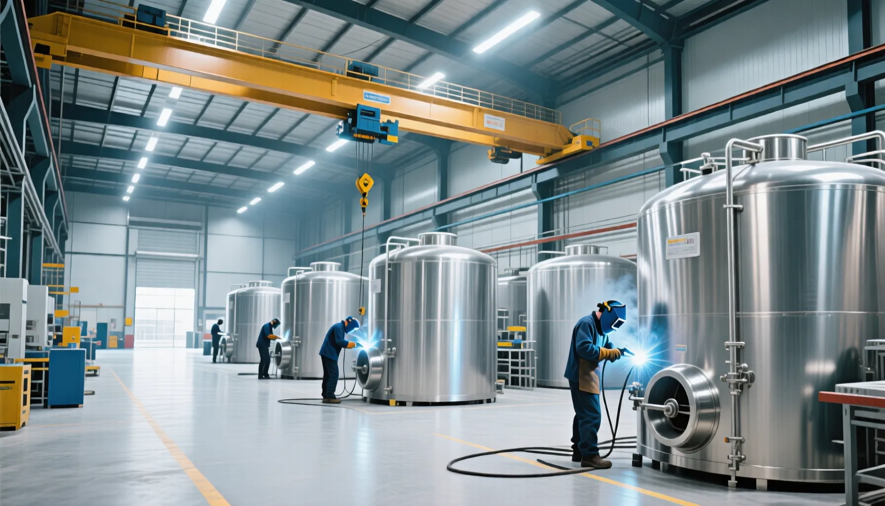 Large stainless steel storage tanks under fabrication at factory workshop