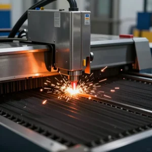 Stainless steel laser cutting machine in action with orange laser beam and sparks - ZEMSS precision fabrication