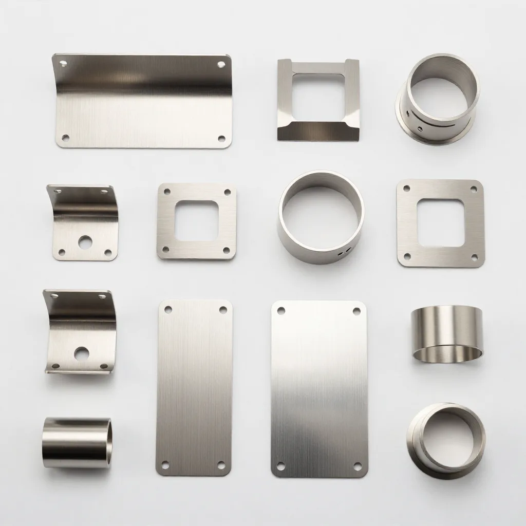 Collection of laser-cut stainless steel components including brackets, flanges, and precision parts