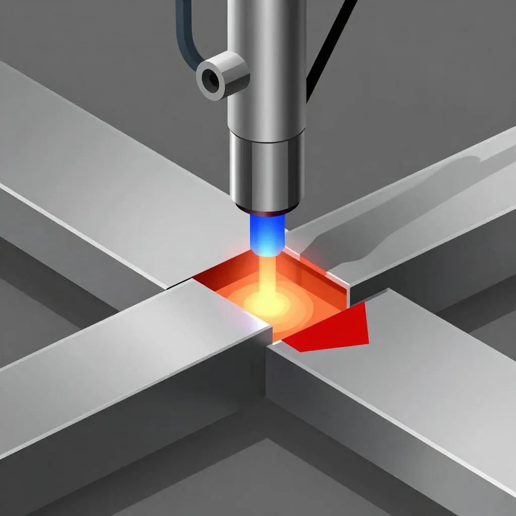 Technical diagram showing laser cutting process cross-section with laser beam, gas flow, and heat affected zone