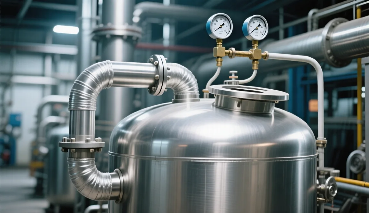 Vacuum jacketed stainless steel cryogenic storage tank in an industrial facility