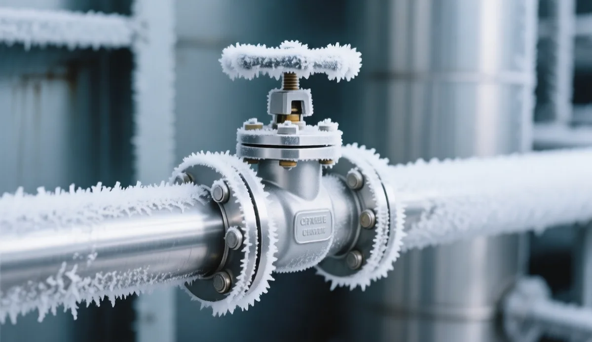 Frost forming on cryogenic piping and valve body of a stainless vessel
