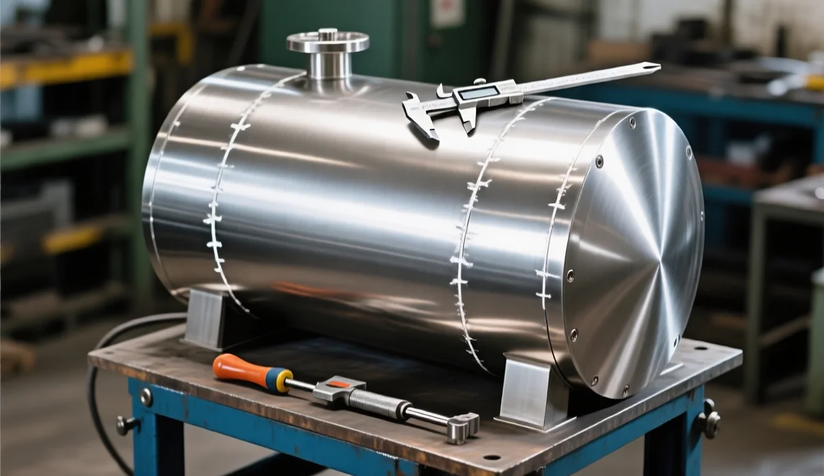 Technician inspecting welded seams on a stainless pressure vessel shell