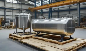 Custom stainless steel fuel and storage tanks on export skids in the fabrication workshop