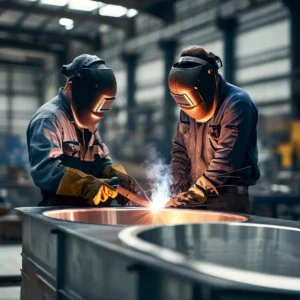 Welders assembling the shell of a custom stainless steel water tank in a fabrication workshop