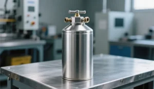 Stainless steel metal powder canister with clamp lid in an additive manufacturing lab