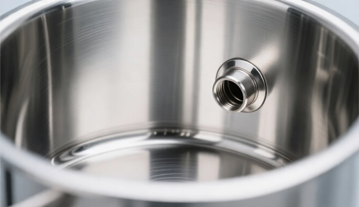 Electropolished interior of a stainless powder vessel with purge port detail