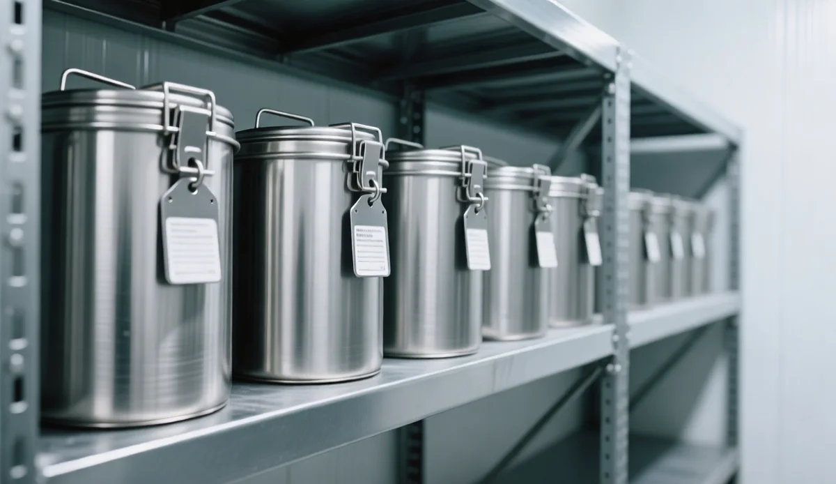 Row of sealed stainless powder containers with alloy tags on a powder room shelf