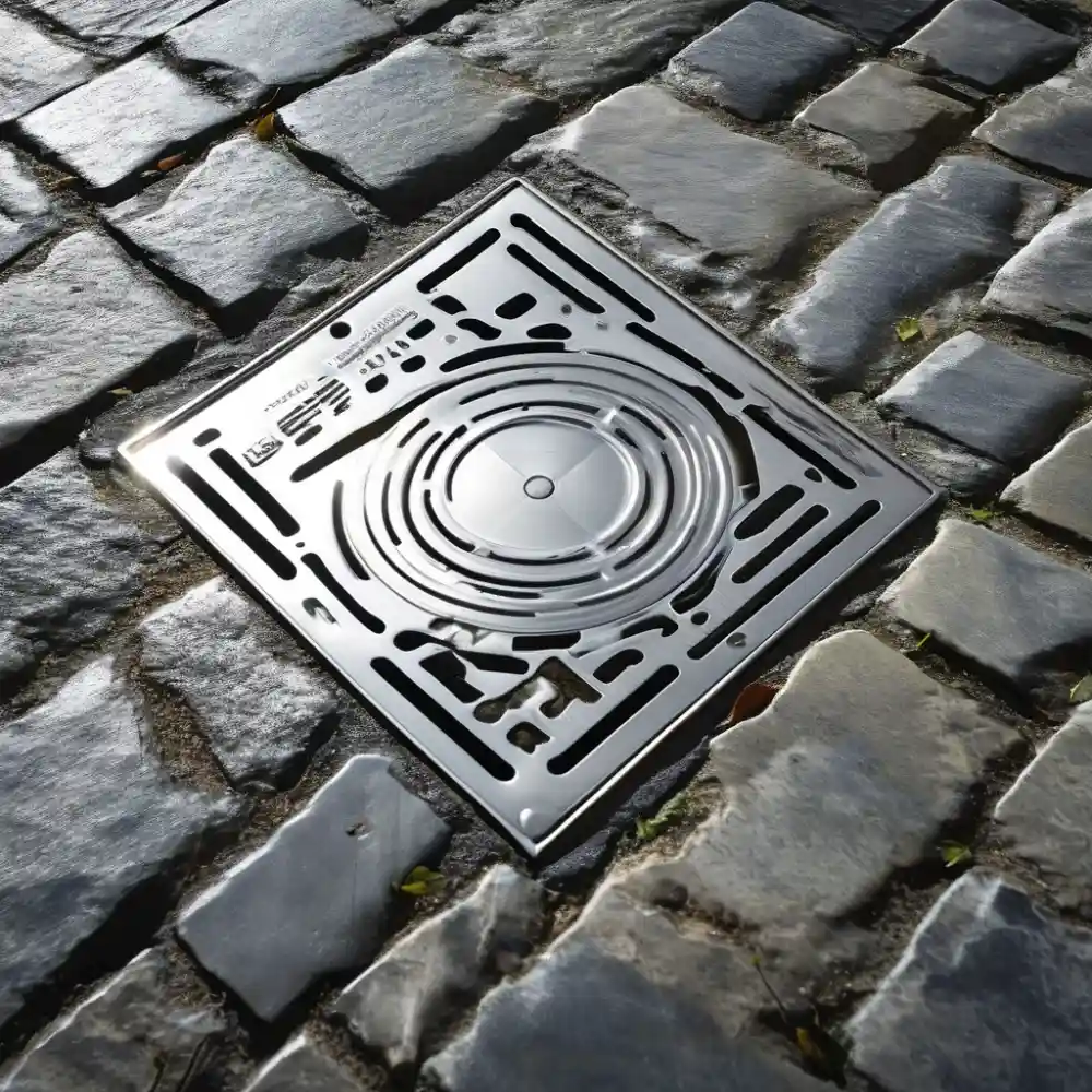 Recessed stainless steel manhole covers with paving infill in a plaza Recessed stainless steel manhole cover with granite paving infill installed in a pedestrian plaza