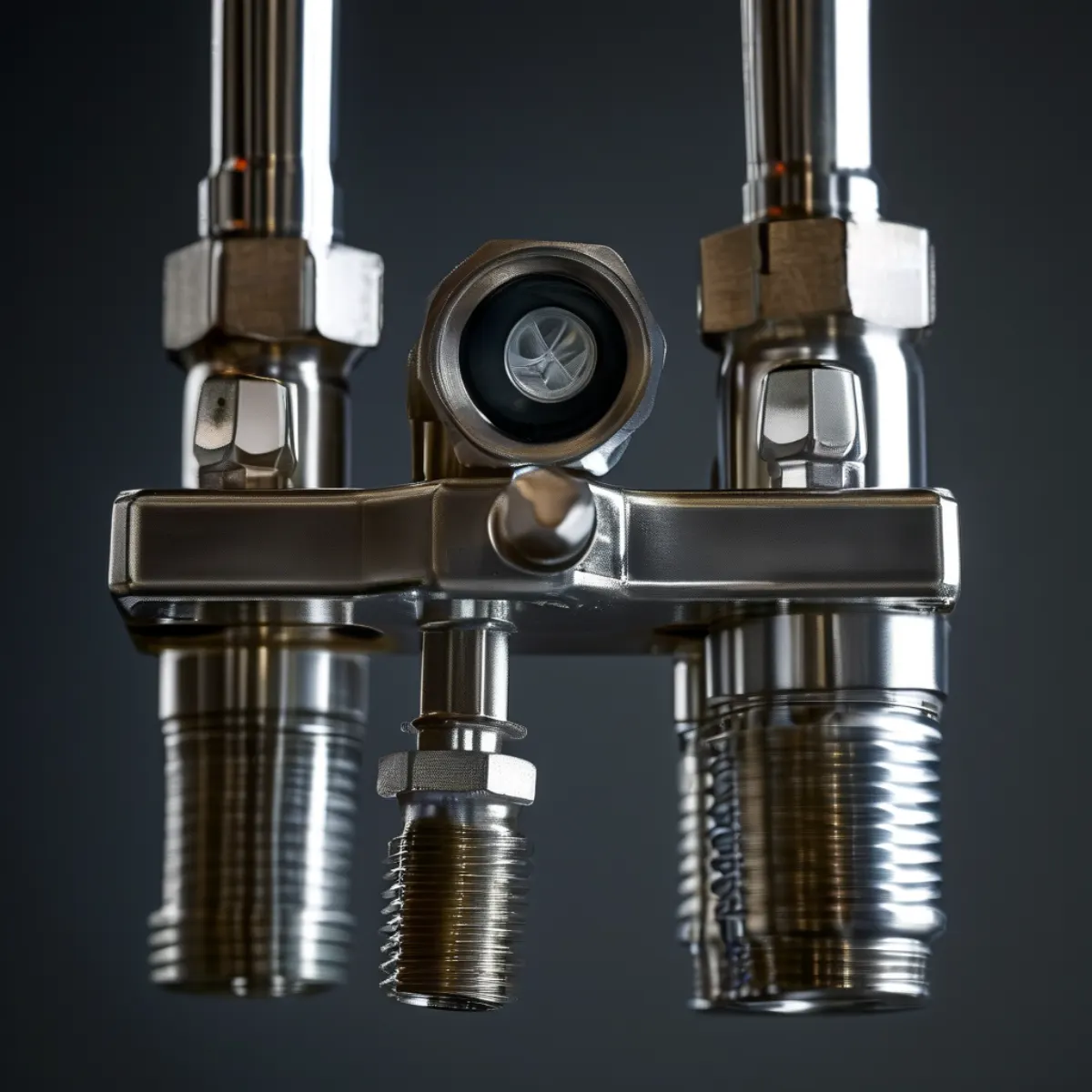 Custom stainless steel fuel tank fittings detail with nozzles, sight glass and level gauge