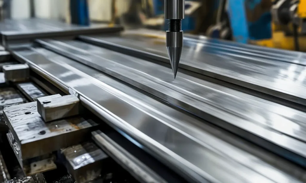 Long custom stainless steel gutter being bent on a large CNC press brake