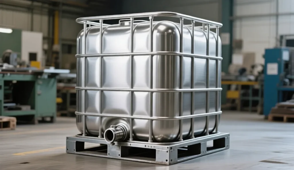 Stainless steel IBC tote tank with frame and discharge valve in a fabrication workshop