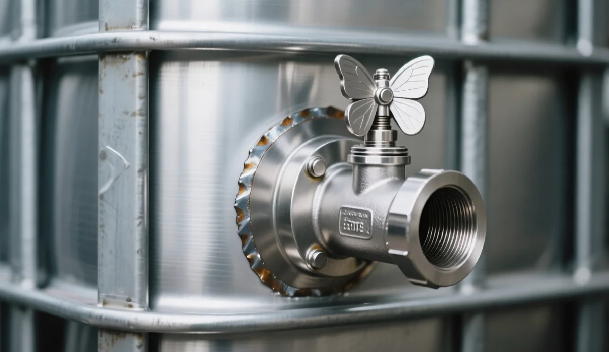 Close-up of stainless IBC discharge butterfly valve and welded shell seam