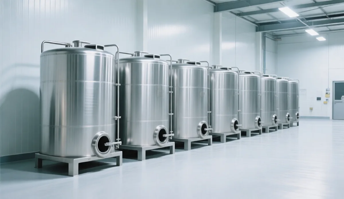 Row of stainless steel IBC tanks lined up in a food processing facility