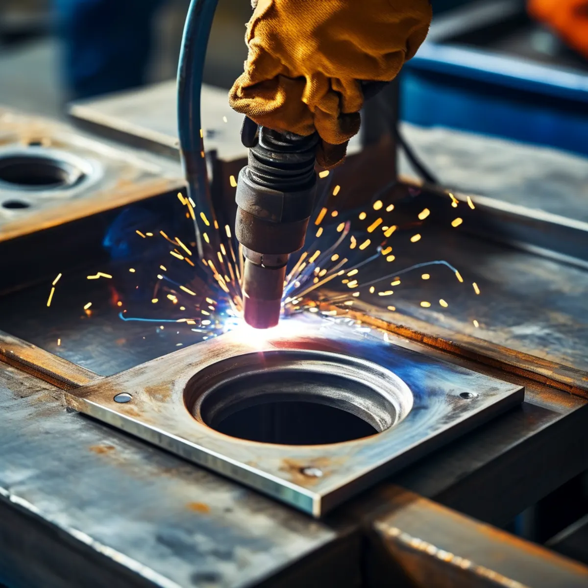 TIG welding recessed stainless steel manhole cover frames TIG welding a recessed stainless steel manhole cover frame in the ZEMSS workshop