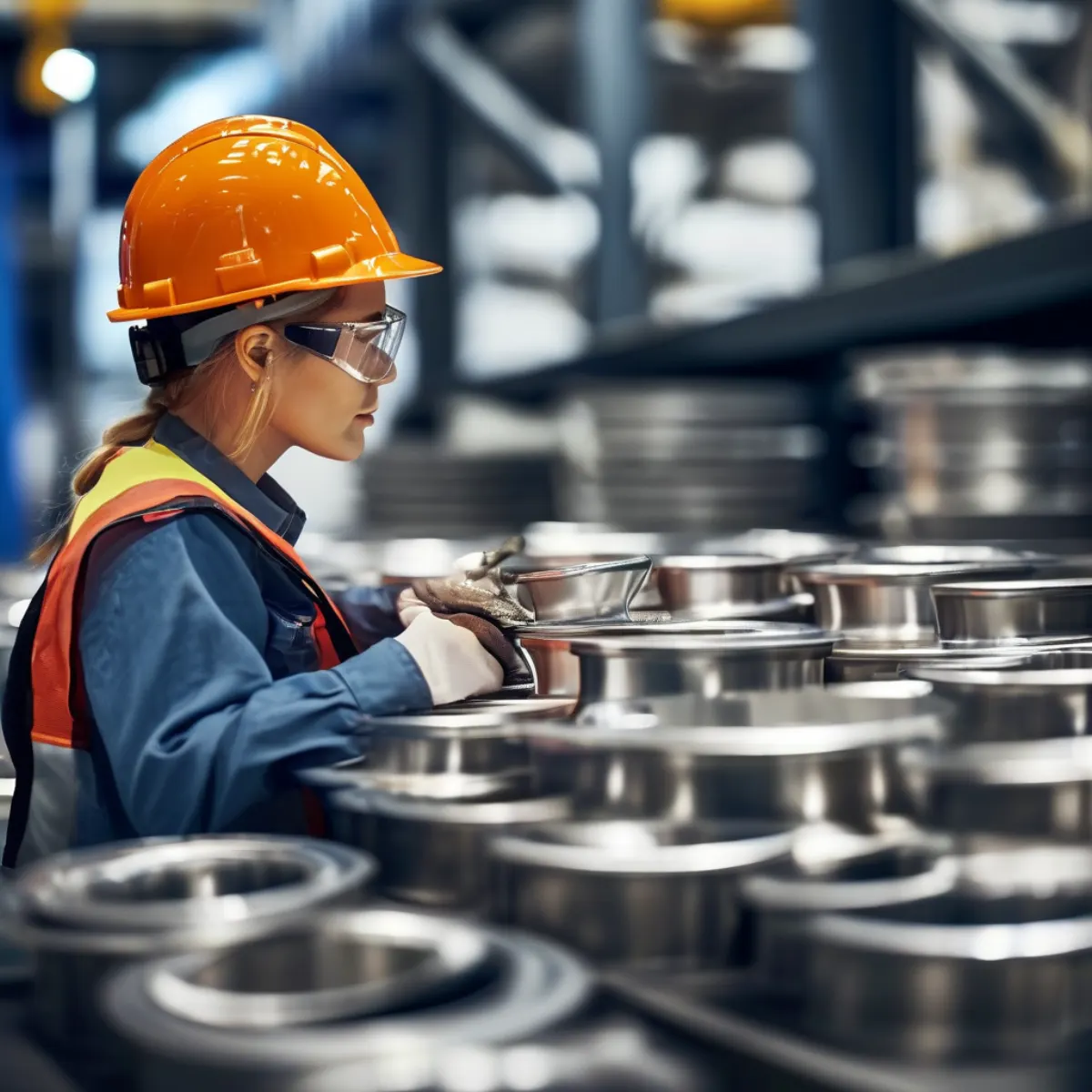Dimensional QC on finished recessed stainless steel manhole covers QC engineer measuring finished recessed stainless steel manhole covers before packing