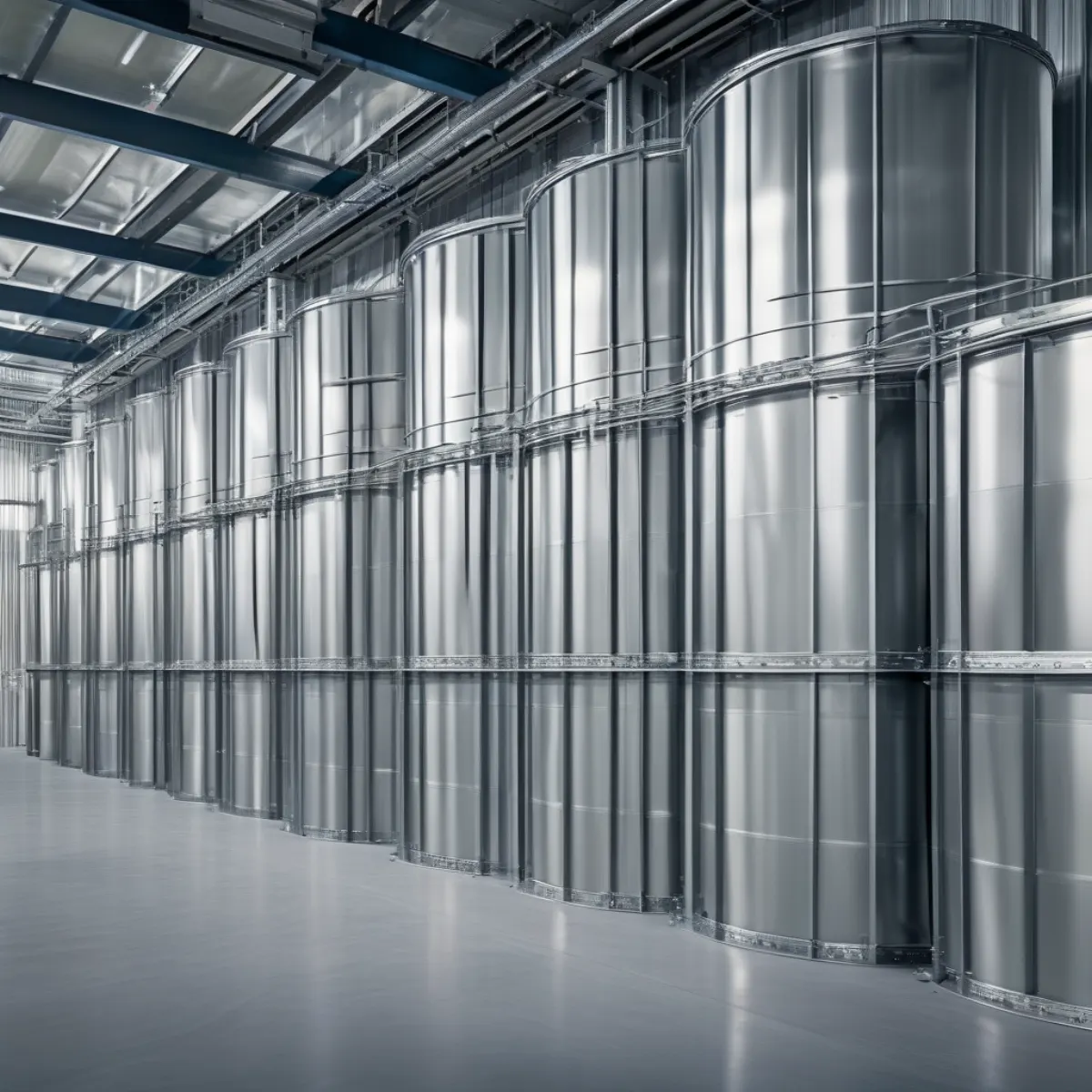 Rows of completed stainless steel water tanks awaiting inspection in the fabrication shop