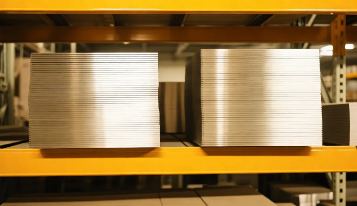 304 and 321 stainless steel plates side by side in a warehouse