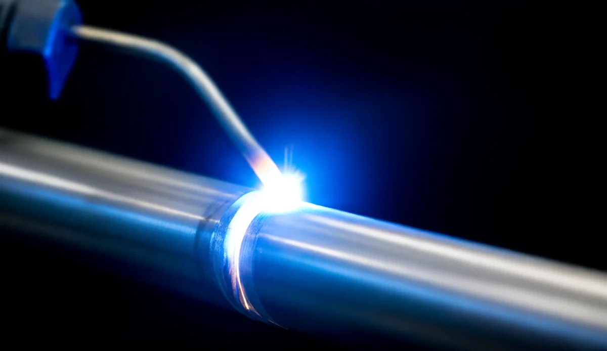TIG welding a stainless steel pipe joint in a fabrication shop
