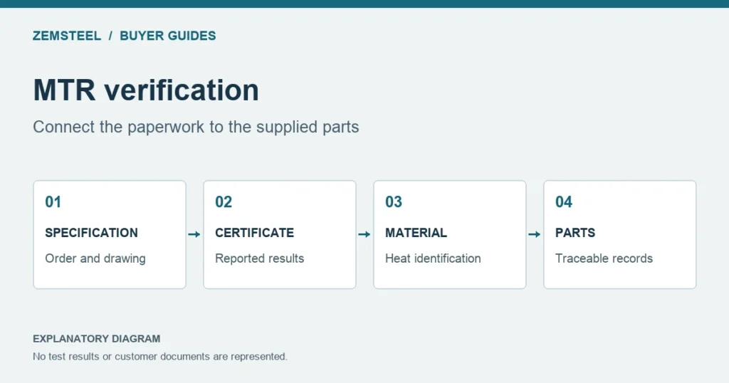 MTR verification diagram connecting specification, certificate, material identification and part records.