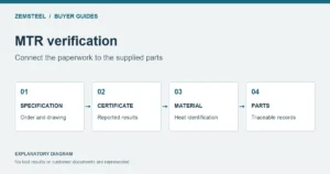 MTR verification diagram connecting specification, certificate, material identification and part records.