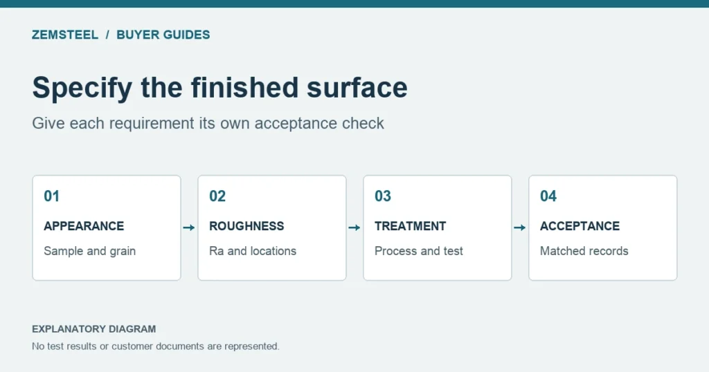 Surface specification diagram separating appearance, measured roughness, treatment and acceptance records.