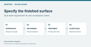 Surface specification diagram separating appearance, measured roughness, treatment and acceptance records.