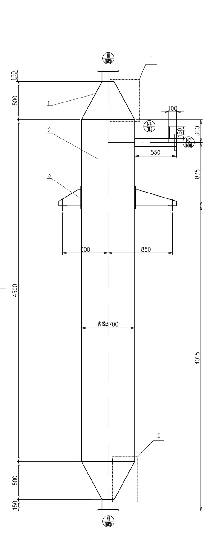 Process chamber drawing excerpt with cylindrical body, conical transitions and connection layout