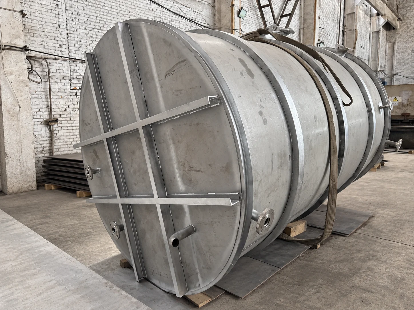Bottom end of the project tank showing crossed stiffeners and external reinforcing rings